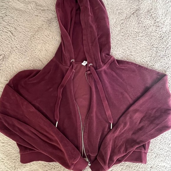 (SOLD) HM Burgundy Hooded Velour Jacket Women Size M - Picture 4 of 5